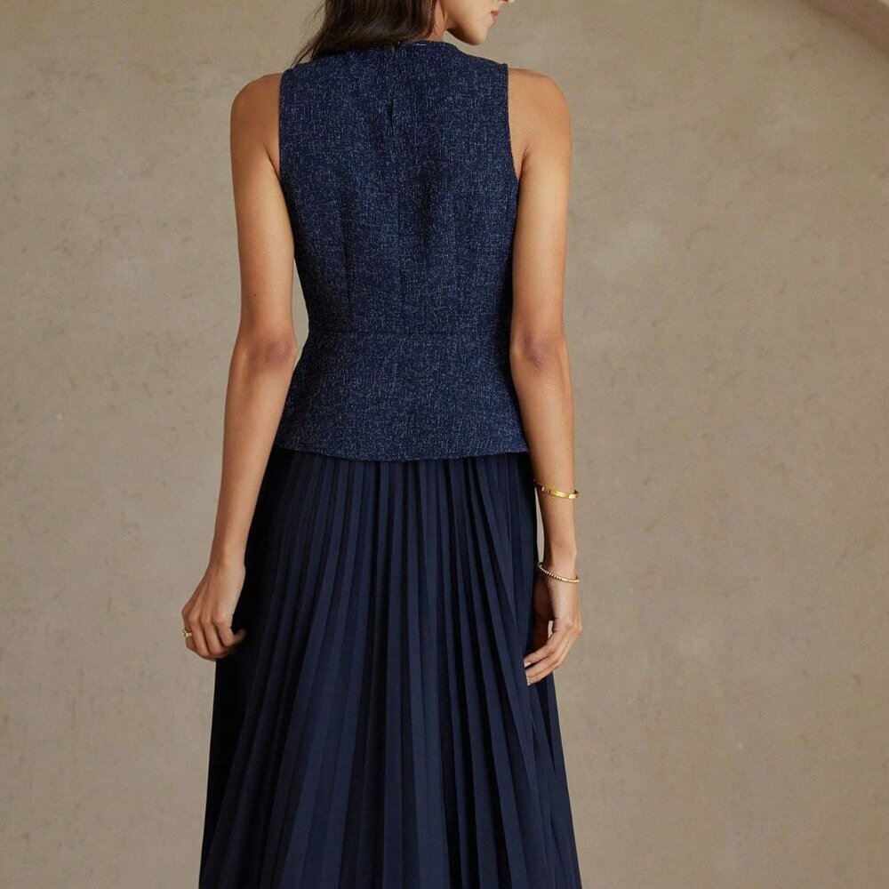 Navy Blue Elegant Women's Pleated Sleeveless Dress - Picture 2 of 7